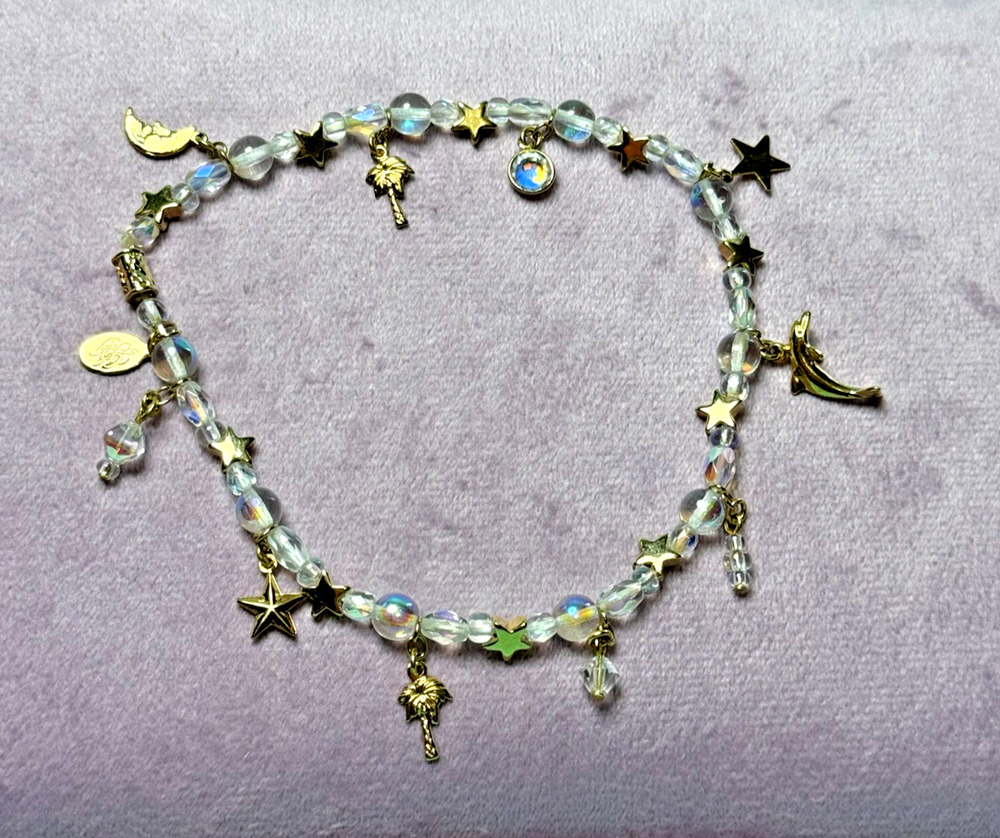 Kirks Folly Stretch Anklet Bracelet Iridescent Glass Bead Star Moon Palm Dolphin